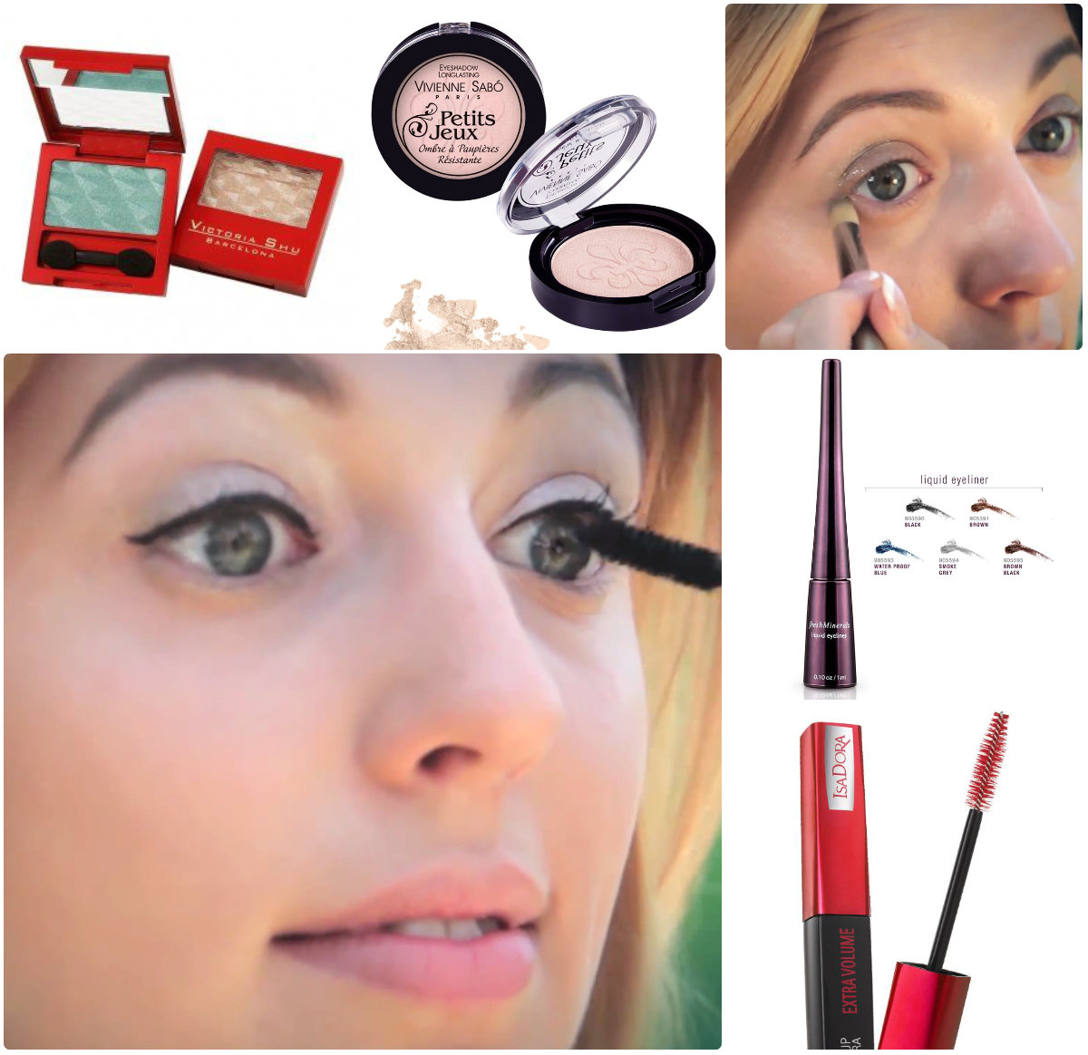Тени для век - Victoria Shu Dream Diamond Eyeshadow, Одинарные тени для глаз - Vivienne Sabo Petits Jeux, Подводка для глаз - FreshMinerals Liquid Eyeliner, Тушь для ресниц - Maybelline Volum Express Turbo Boost 